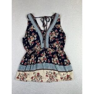 Alya Tank Top Womens Small Blue Floral V Neck Tie Back Boho Rayon Sleeveless